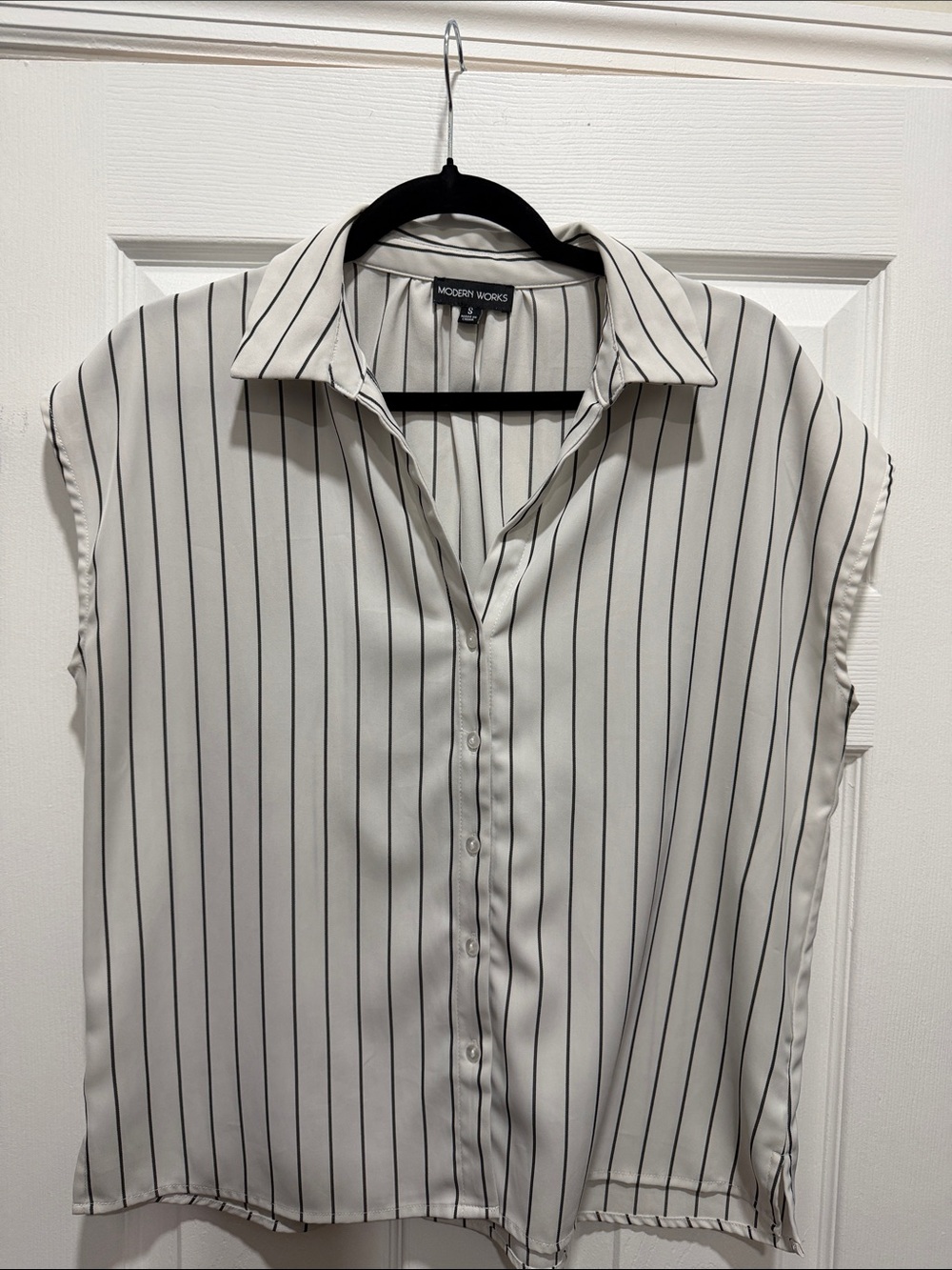 Modern Works Striped Button-Up Blouse in White & Black
